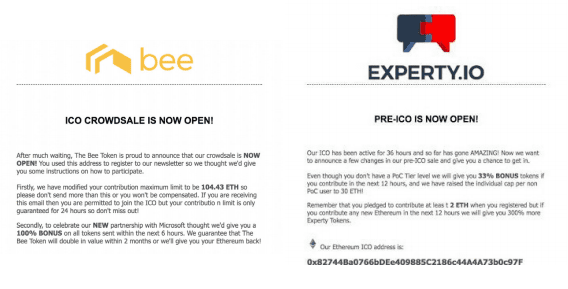 Phishing messages sent to Bee Token and Experty investors